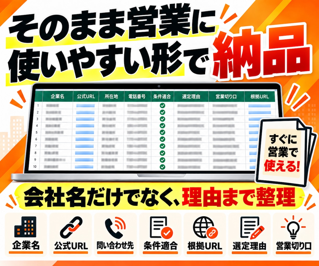 条件に合う営業先100社を調査してリスト化します 100社すべてに選定理由・根拠URL・営業切り口付き イメージ5