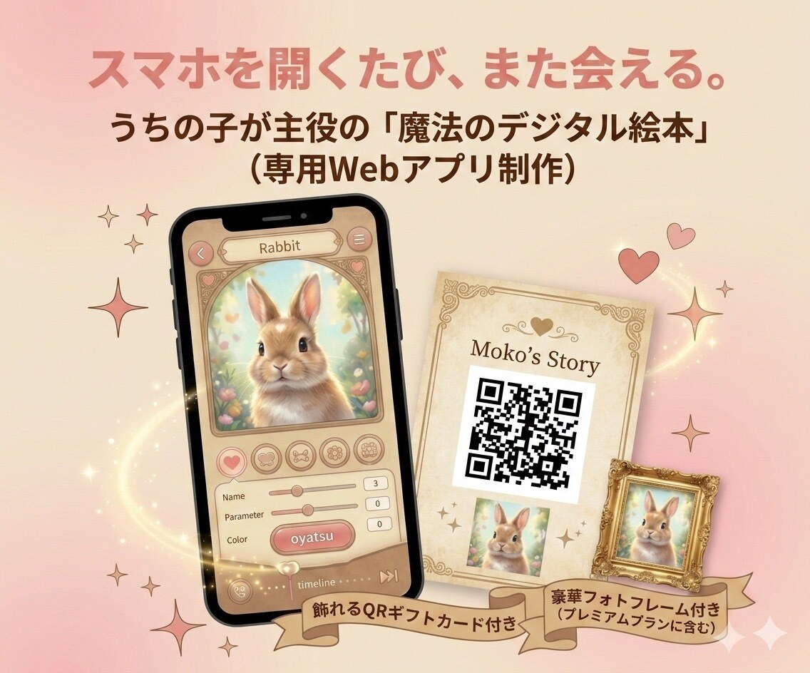 ペットが主役のデジタル絵本を作ります 飾れるQRコードも郵送。スマホでいつでも会える最高のギフトを イメージ1