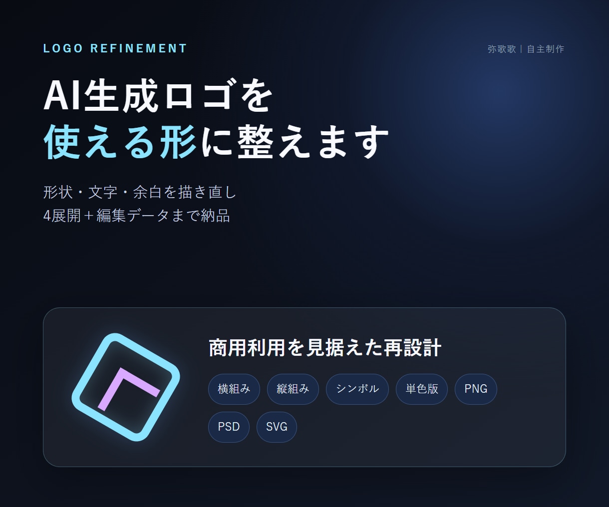 AI生成ロゴを商用向けに整えます 形状と文字を描き直し、4展開・編集データまで納品 イメージ1