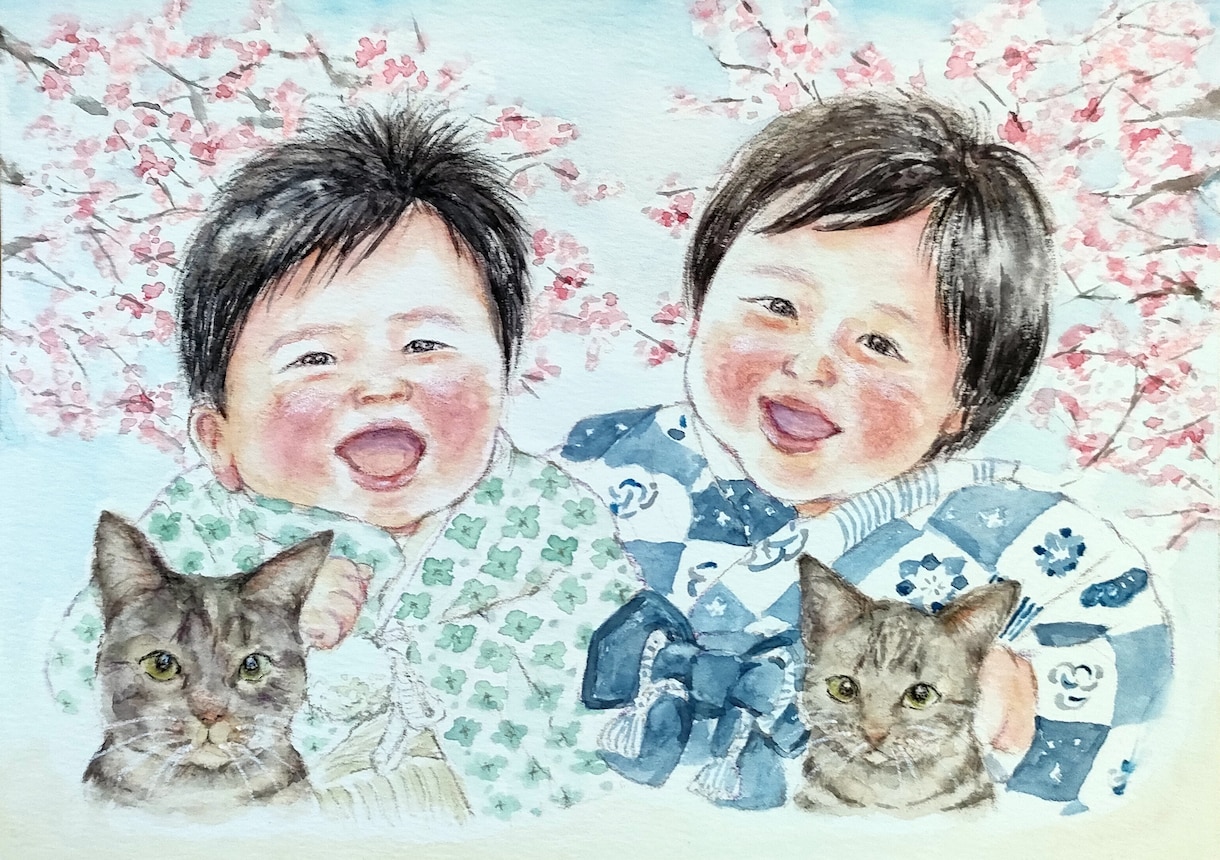 手描き水彩で温かい似顔絵をお描きしいたします プレゼントにも大人気☆2Lサイズ イメージ1