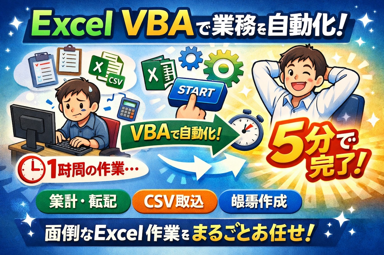 Excel VBAで面倒な業務を自動化します 企業への導入実績あり、ボタン1つで終わるExcel、作ります イメージ1