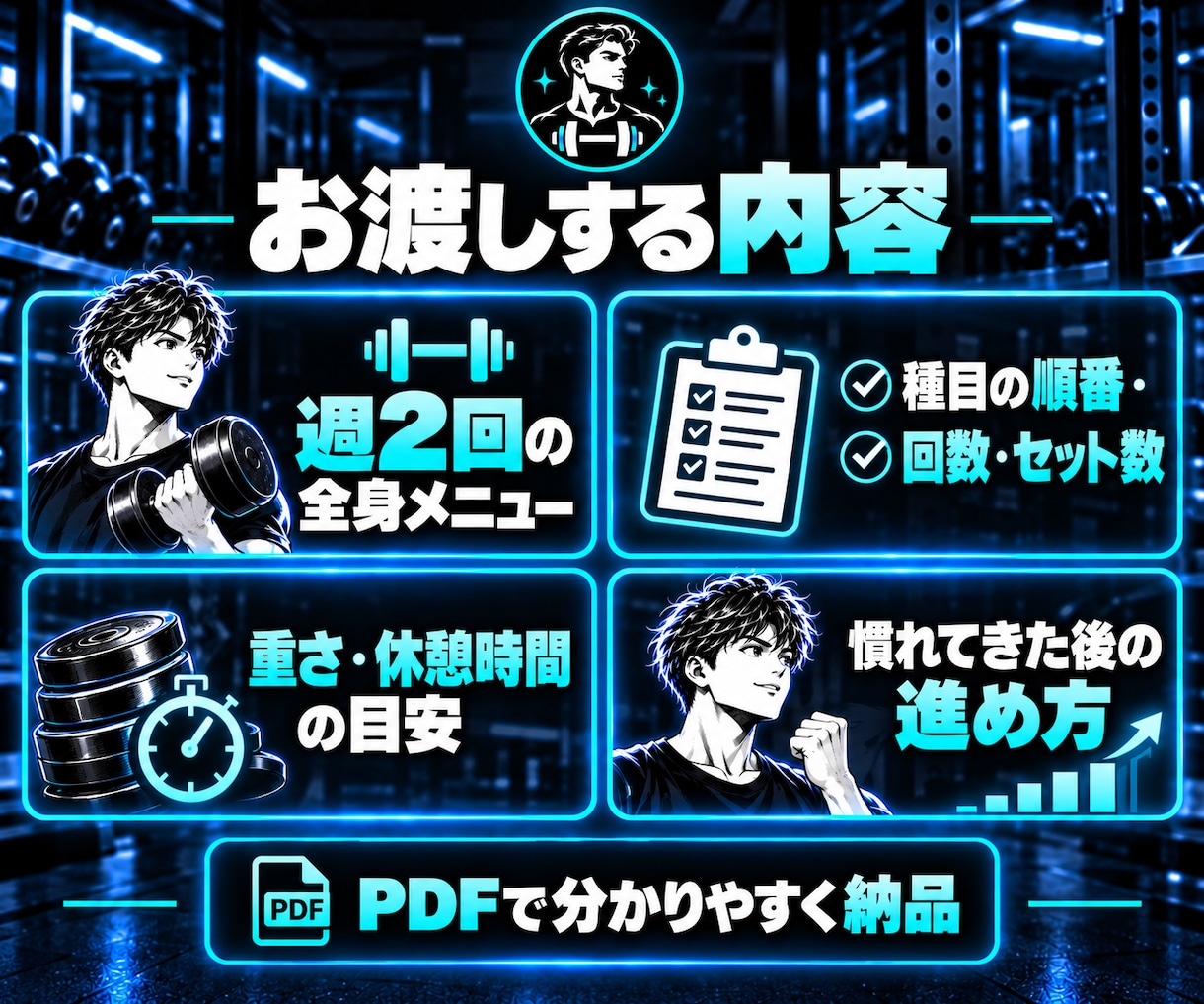 ジム初心者向けの週2回メニューを作成します 週2回から続けやすい全身メニューを提案 イメージ2