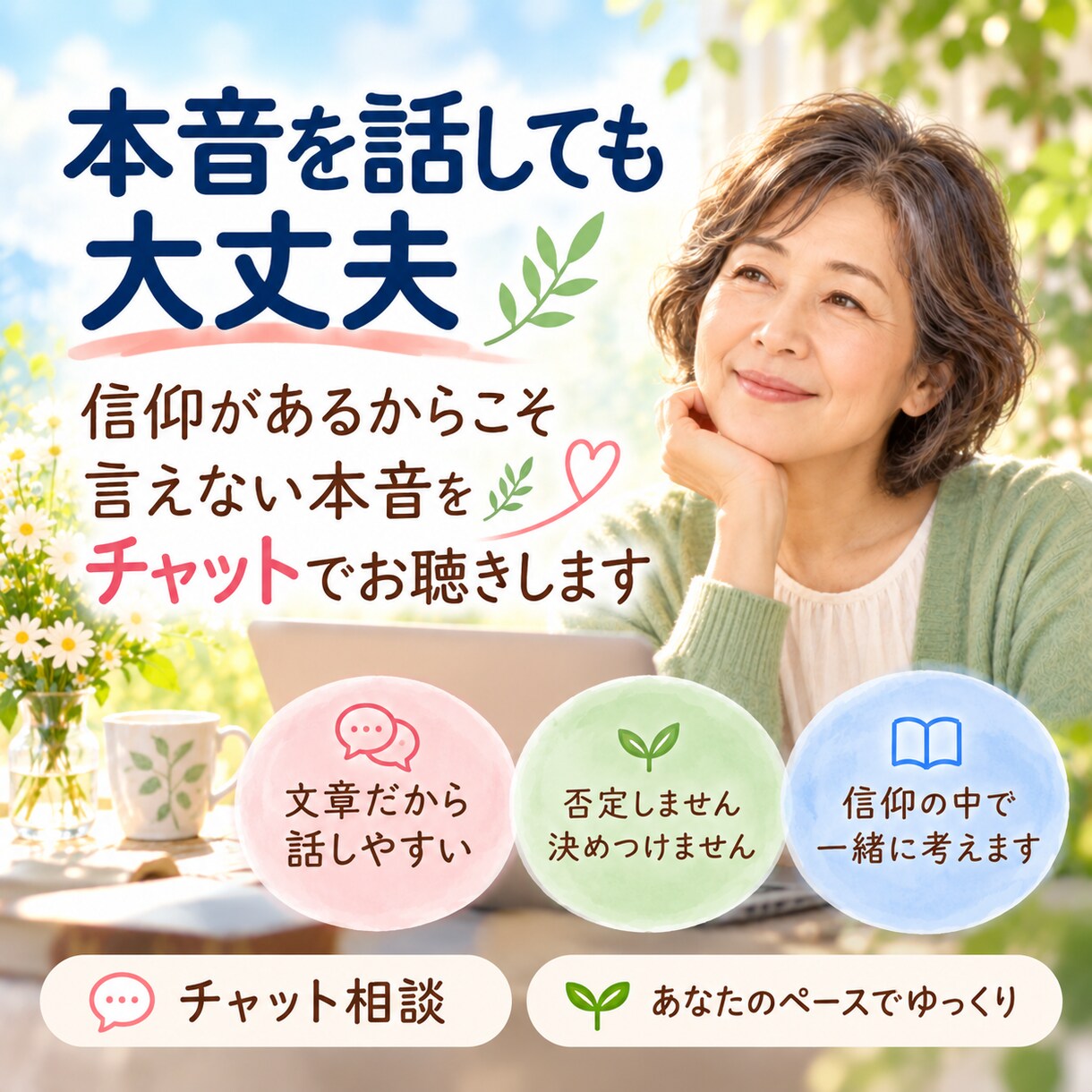 信仰があるからこそ言えない本音をお聴きします 「神様にさえ言いにくい…」そんな弱音も、そのまま受け止めます イメージ1