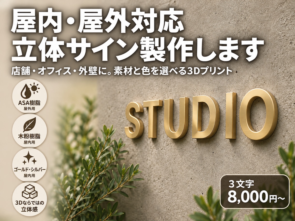 屋内・屋外で使える立体文字・立体ロゴ看板を作ります 3Dプリント造形｜1文字から・厚みや形は自由に イメージ1