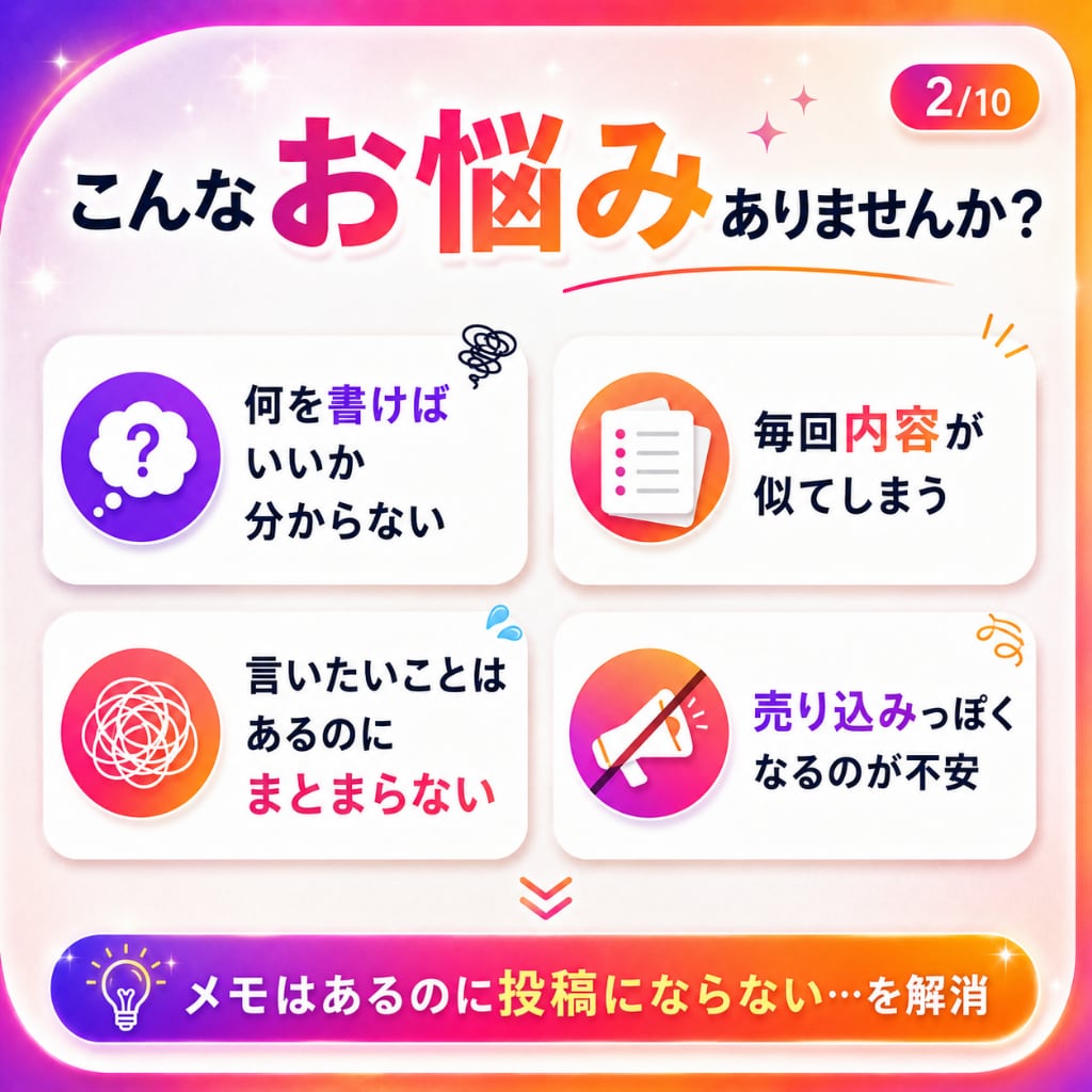 メモ程度から想いを汲み取りインスタ投稿文を整えます 初心者でも下書き未満のメモから伝わる投稿文へ自然に整えます。 イメージ2
