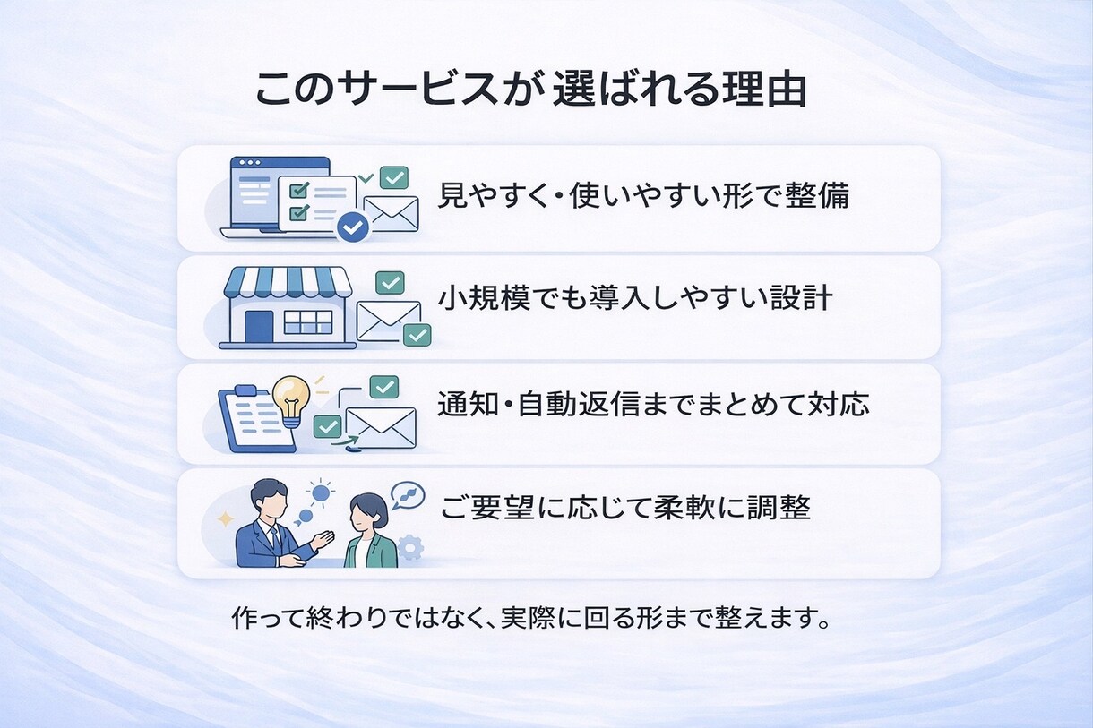 問い合わせ受付を自動化します 手作業の受付管理を、見やすく・漏れなく・使いやすく整えます。 イメージ6