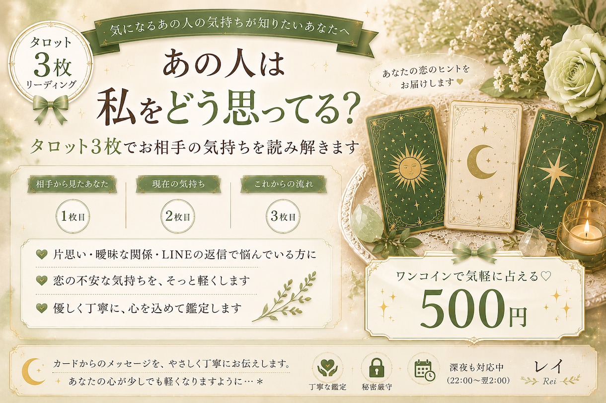 あの人は私をどう思ってる？タロット3枚で視ます 気になるあの人の本音をカードで読み解きます イメージ1