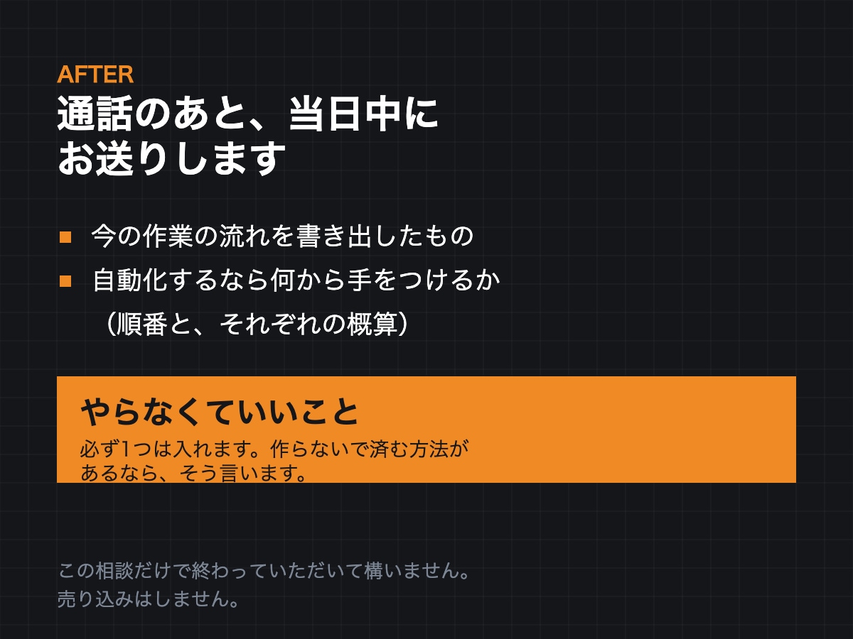 何から自動化すべきか、画面を見て相談に乗ります 顔出し不要｜製造業の現場を20年やった側が見ます イメージ3