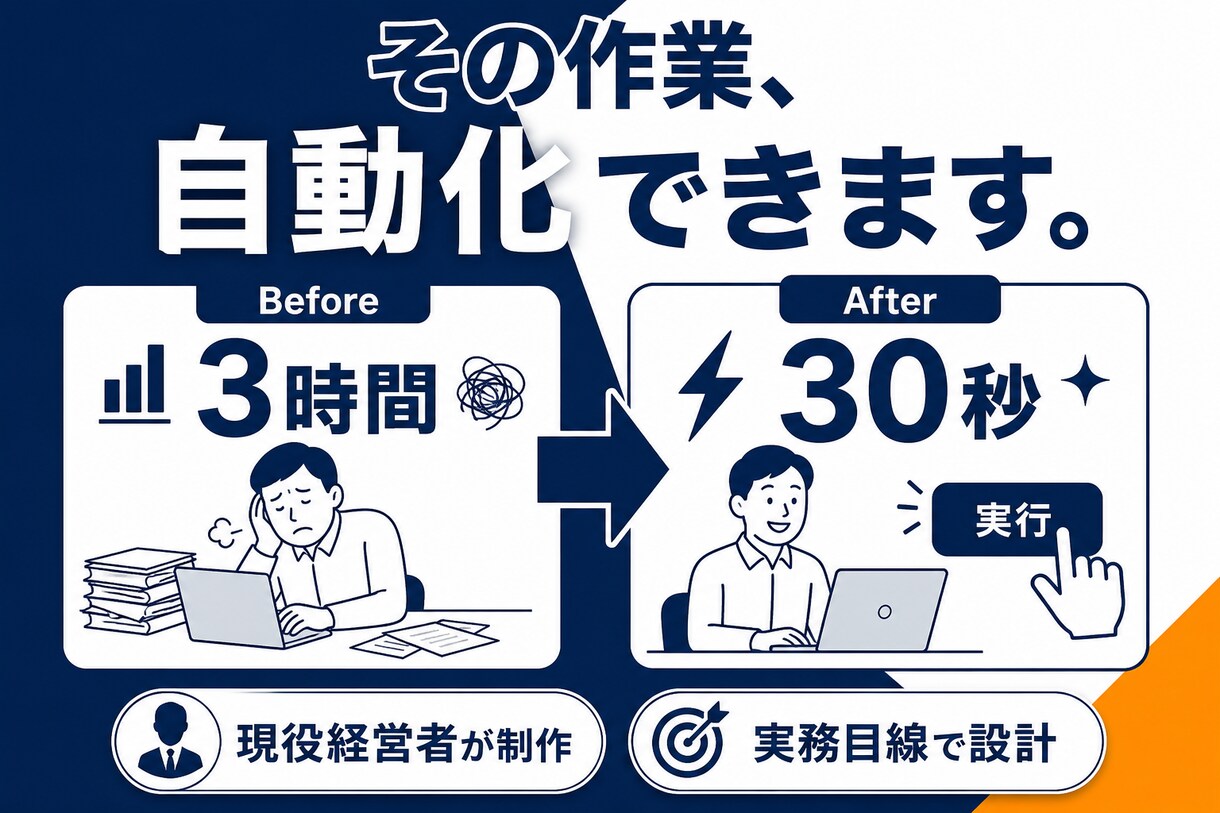 毎日の事務作業、Excelで自動化します 手作業3時間→ボタン1つで30秒に短縮 イメージ1