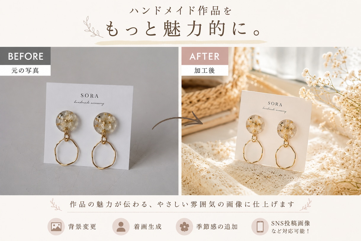 ハンドメイド作品の商品画像をおしゃれに加工します 売れる雰囲気のハンドメイド商品画像を作成します イメージ1