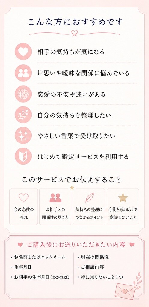 ひとりで抱えた恋愛の悩みを、文章でお届けします 気持ちが揺れる時に、やさしく整理できるテキスト鑑定です イメージ2