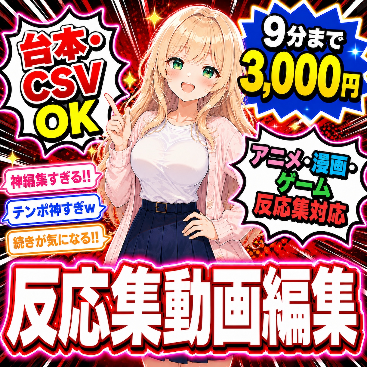 アニメ・漫画・ゲームの反応集動画を編集します 台本・CSV入稿OK｜9分3,000円｜反応集特化 イメージ1