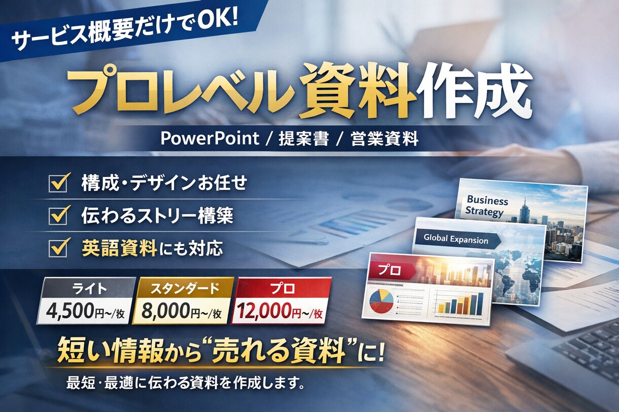 サービス概要のみでプロレベル資料作成します 要点だけで伝わる“勝てる資料”を作成します イメージ1