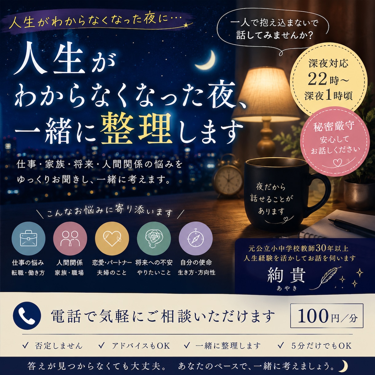 人生がわからない夜に一緒に整理します 仕事・家族・これからの人生を深夜に一緒に考えます イメージ1