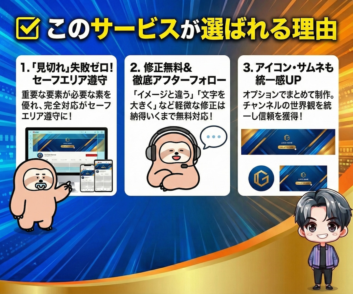 登録率UP！魅力的なYouTubeヘッダー作ります PC・スマホで見切れない！アイコンやサムネもまとめて対応◎ イメージ3