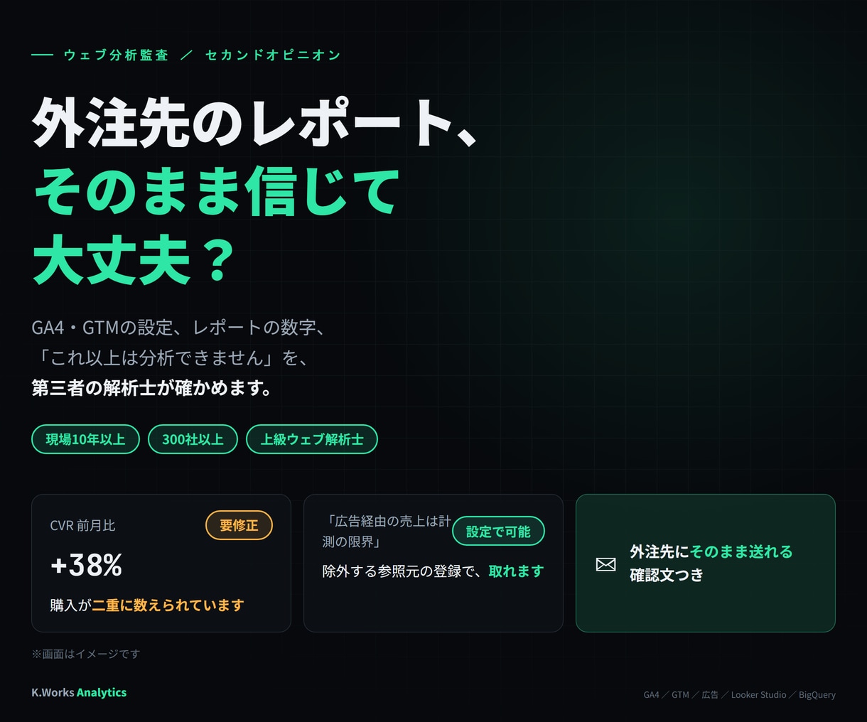 外注先のGA4レポートを第三者の解析士が監査します 計測設定から「分析の限界です」の説明まで確かめます イメージ1