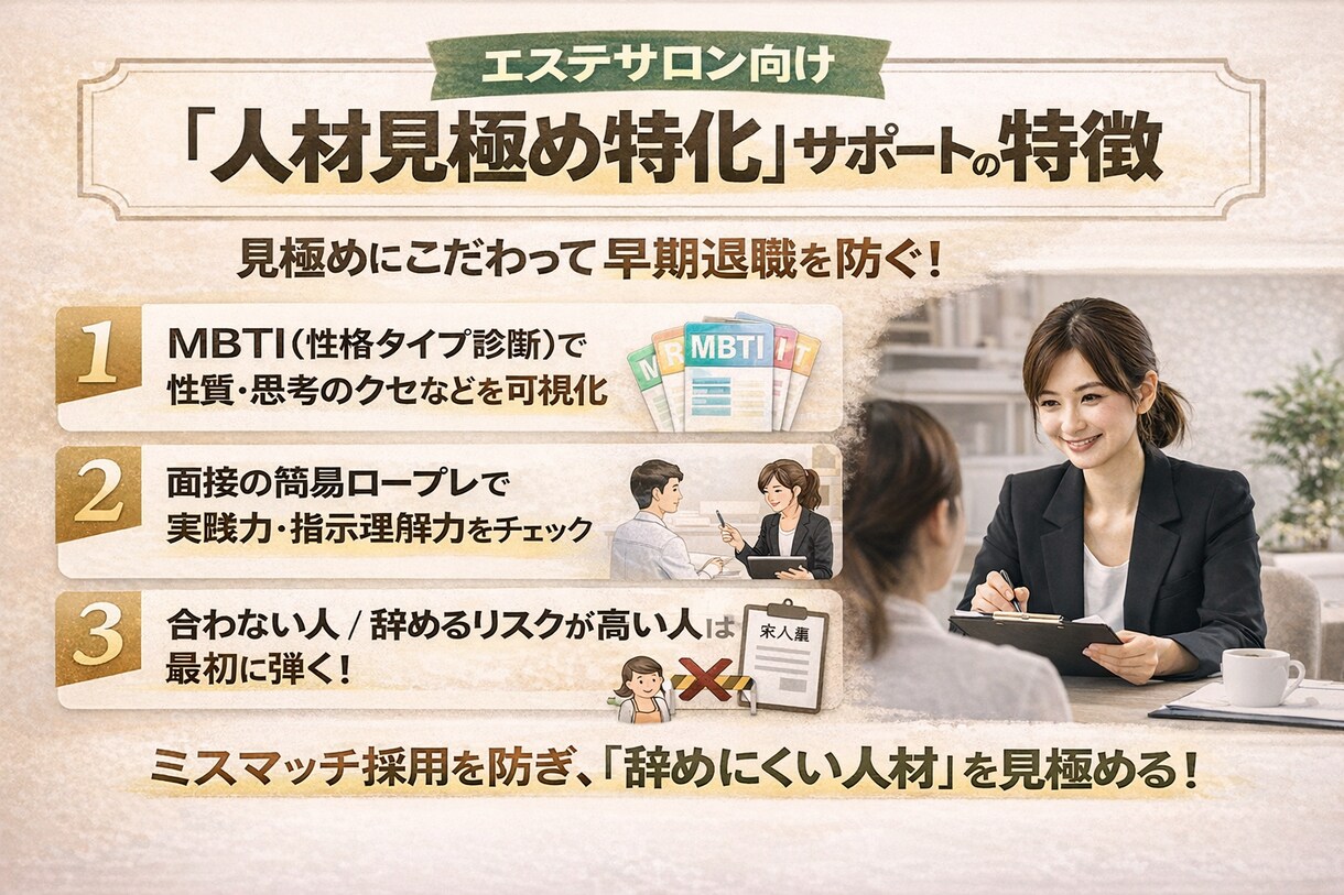 あなたのサロンで欲しい人材が見つかります 採用しても続かない それは「育成」ではなく、最初の見極めです イメージ2
