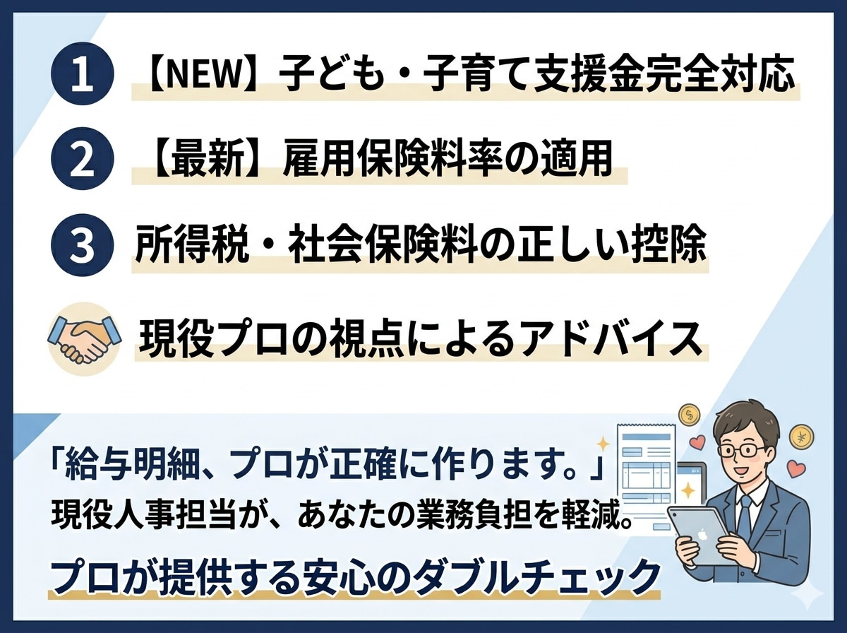 子ども・子育て支援金対応／給与計算代行します ​現役人事担当がバックオフィス業務負担軽減をお手伝いします。 イメージ3