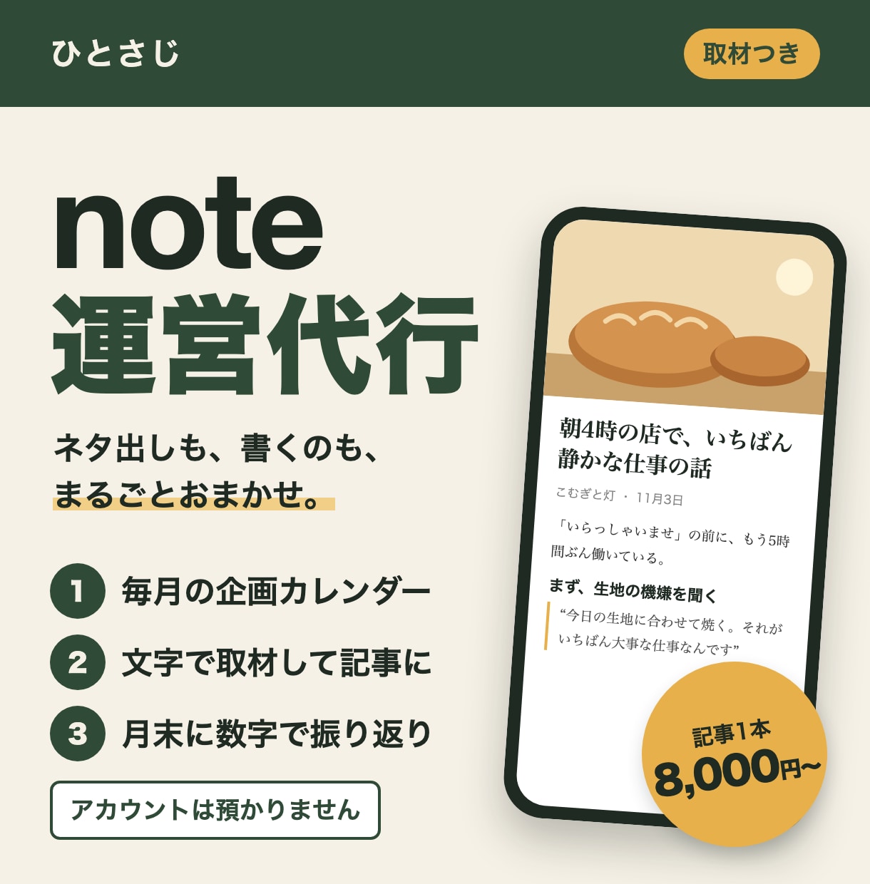 note運営を、企画から記事まで代行します 貼って投稿するだけの原稿で、毎月の発信を止めません イメージ1