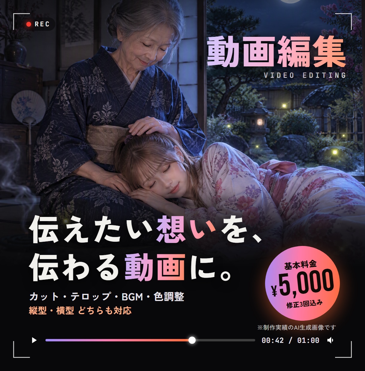 あなたの想いを、伝わる動画に編集します お手持ちの素材を、ご希望に合わせた動画に編集いたします。 イメージ2
