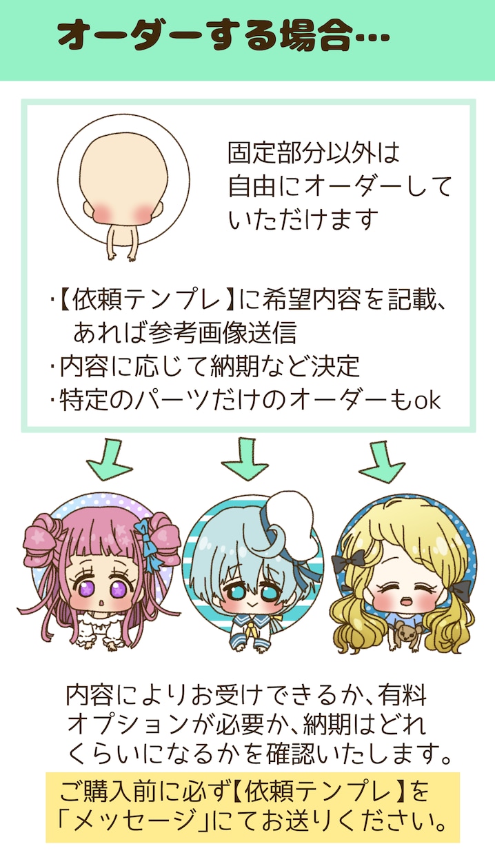 カワイイミニキャラ丸枠アイコン描きます 見本パーツから楽々指定も、自由にオーダーもできます イメージ8