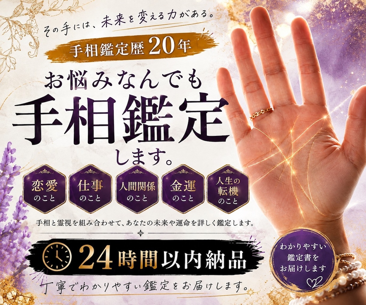 手相鑑定歴20年⭐︎お悩みを何でも手相鑑定します 24時間以内に、7000文字以上で丁寧に手相鑑定します。 イメージ1