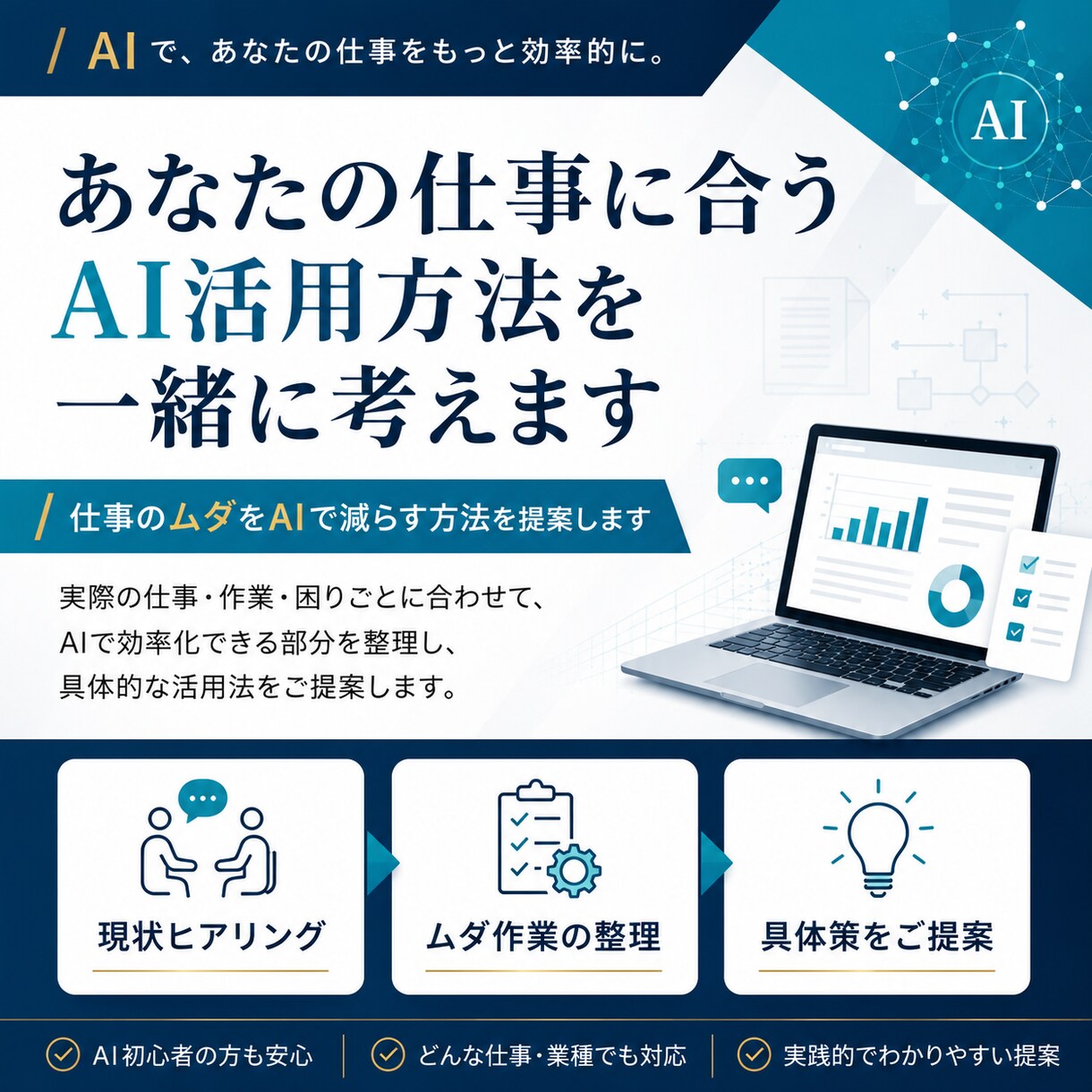 あなたの仕事に合ったAI活用方法をご提案します 仕事の効率化や改善をAIを使って実施します イメージ1