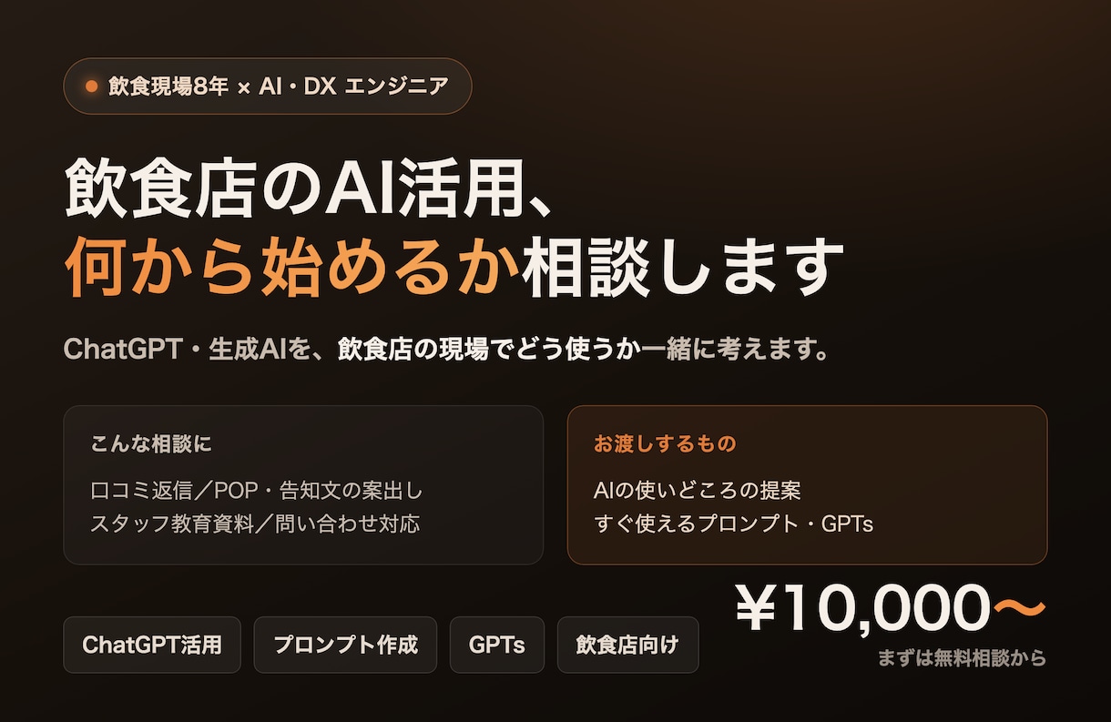 飲食店のAI活用、何から始めるか相談します ChatGPTや生成AIを飲食店でどう活かすか一緒に考えます イメージ1