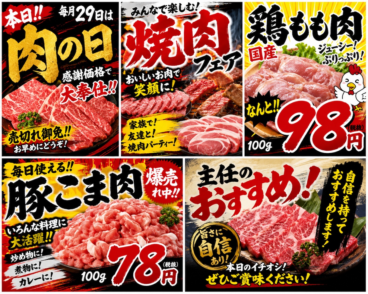 スーパー現場仕様のド派手POP作ります 現役スーパー精肉主任がド派手POP作成します！ イメージ1