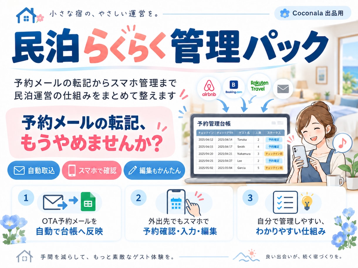 民泊の予約管理をスマホで使いやすく整えます 予約通知の転記からスマホ管理までまとめて整えます イメージ1