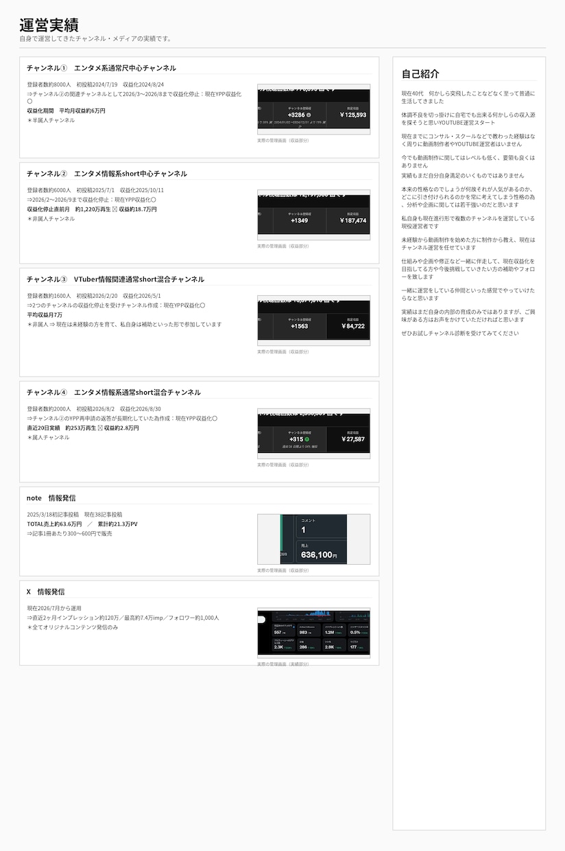 チャンネル診断！YouTubeの家庭教師します 収益化を目指す方、現役運営者が一緒に改善ポイント整理します イメージ2