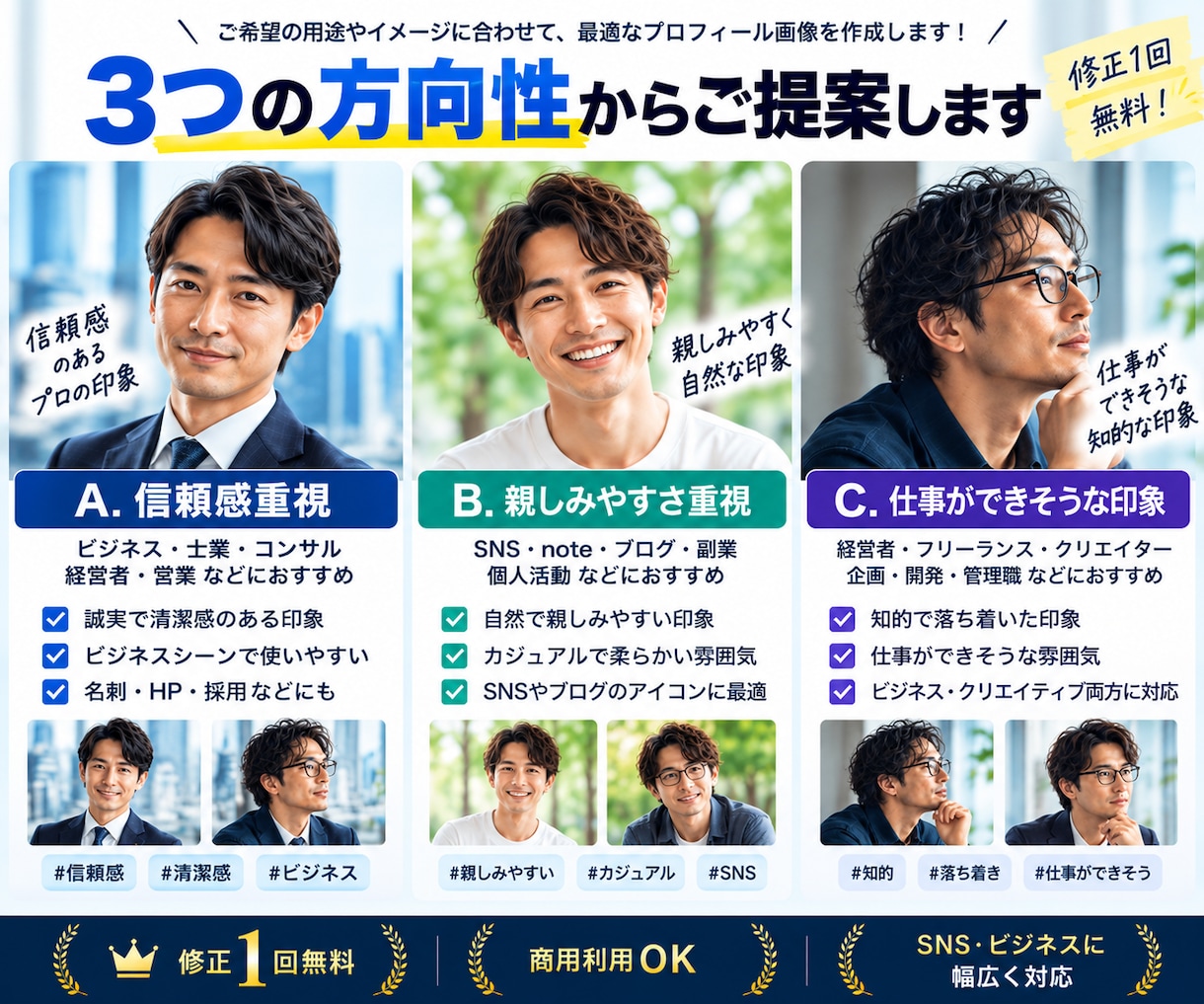 AIでビジネス用プロフィール画像を作りますます SNS・副業に使える自然な人物画像を生成します イメージ3