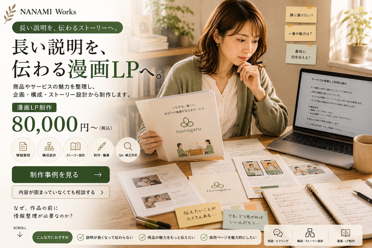 会社・商品・求人LPを制作します 想いを整理し、読まれるページへ。 イメージ1