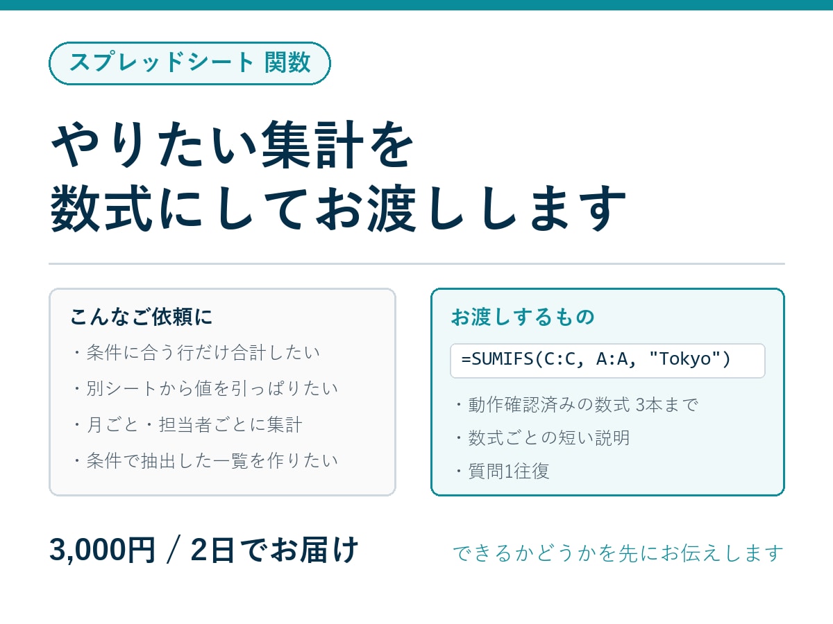 スプレッドシートの関数・数式を作成します やりたい集計を伝えるだけ。数式にしてお渡しします イメージ1