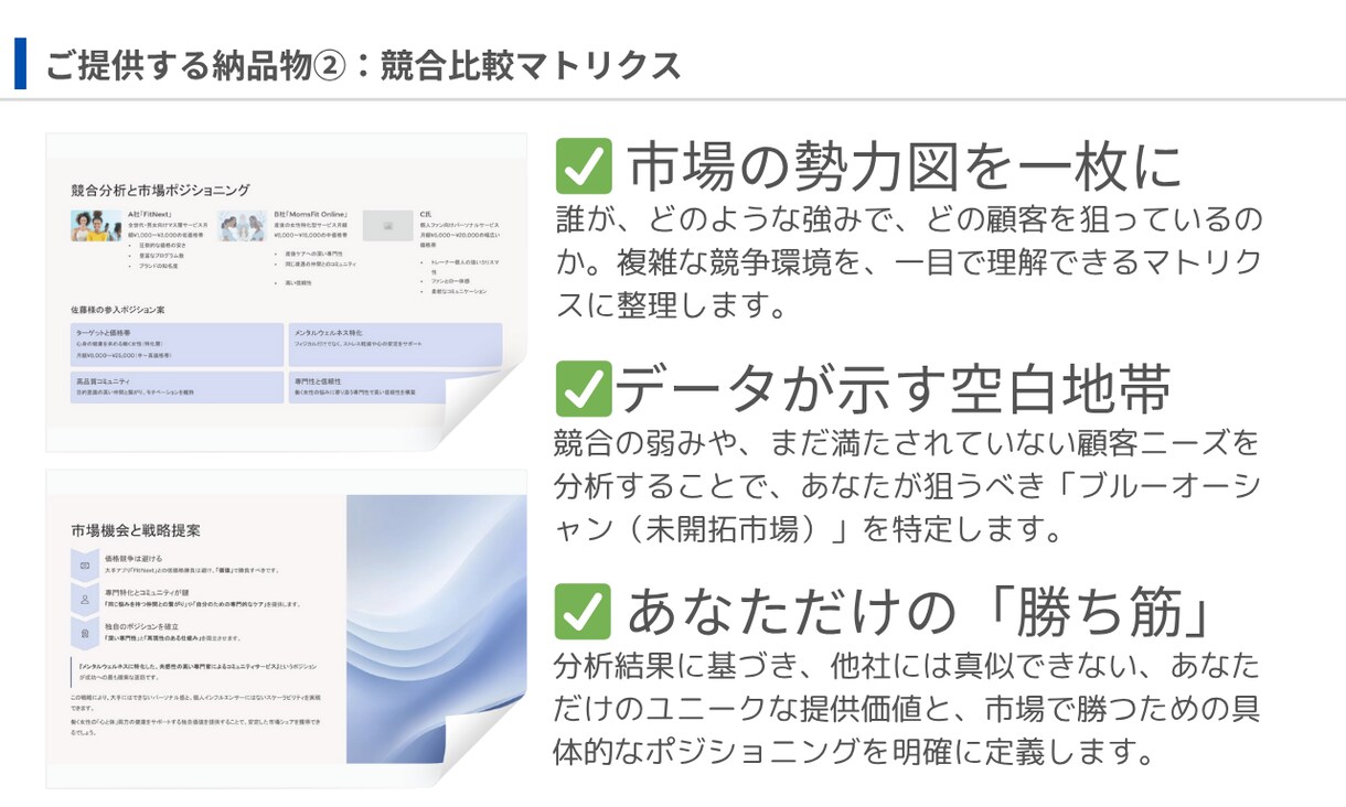 AIが市場調査・競合分析レポートを作成します データに基づき、あなたの事業の「次の一手」を照らします イメージ6
