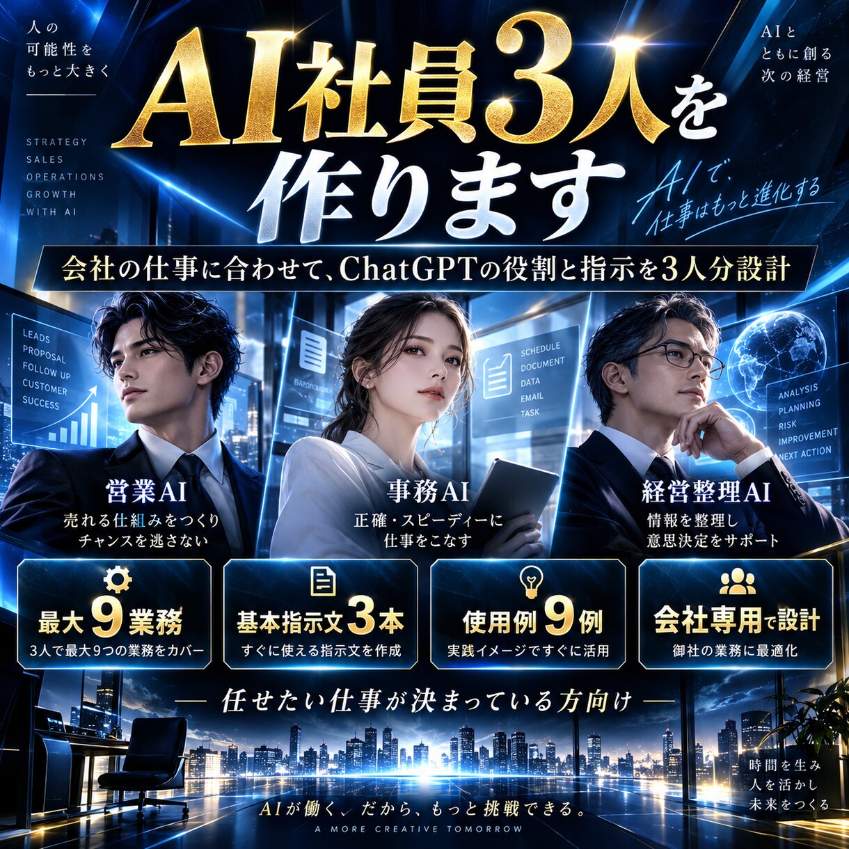 あなたの会社専用「AI社員3人」を作りますます 会社の仕事に合わせてChatGPTの役割を3人分設計します イメージ1