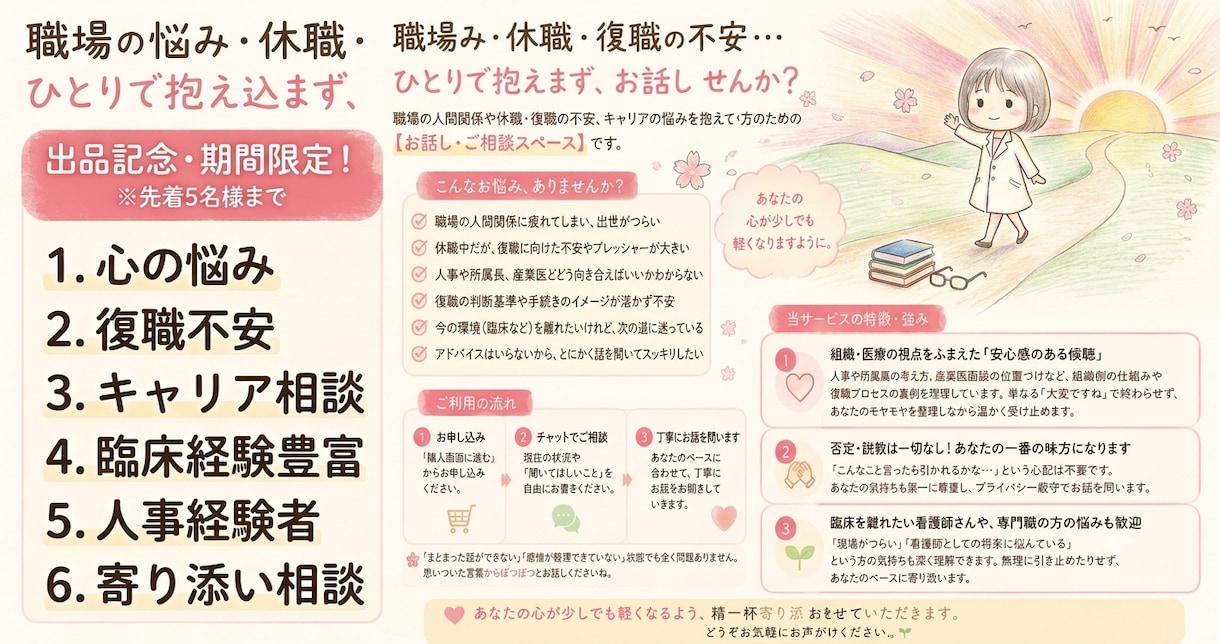 職場で人間関係や復職について悩む方の話を聞きます 休職・復職の不安や職場の人間関係の悩みに寄り添います イメージ1