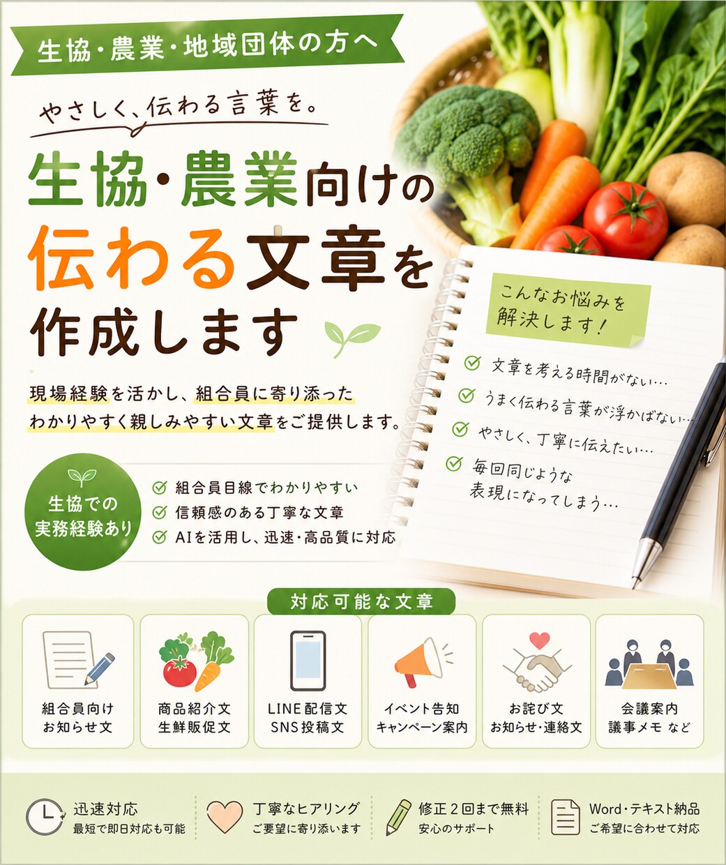 生協・農業向けの伝わる文章を作成します ビジネス文書・販促文等を現場経験を活かして丁寧に対応します。 イメージ1