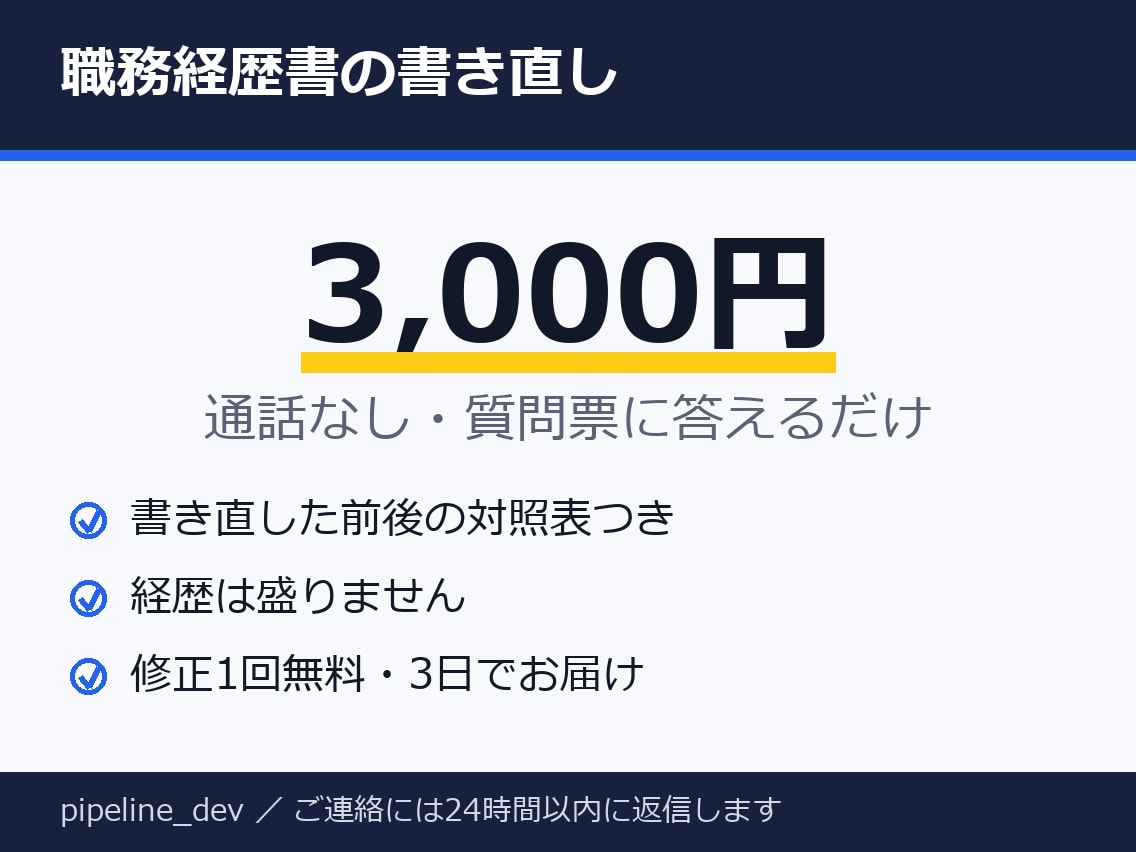 職務経歴書を読み手目線で書き直します 通話なし・質問票に答えるだけ・A4 2枚まで・修正1回無料 イメージ1