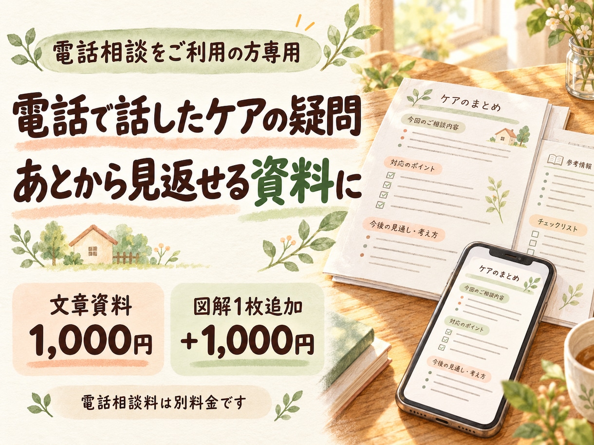 電話で整理したおうちケアの疑問を資料にまとめます 相談した内容を、あとから見返せる文章に。図解の追加も可能 イメージ1
