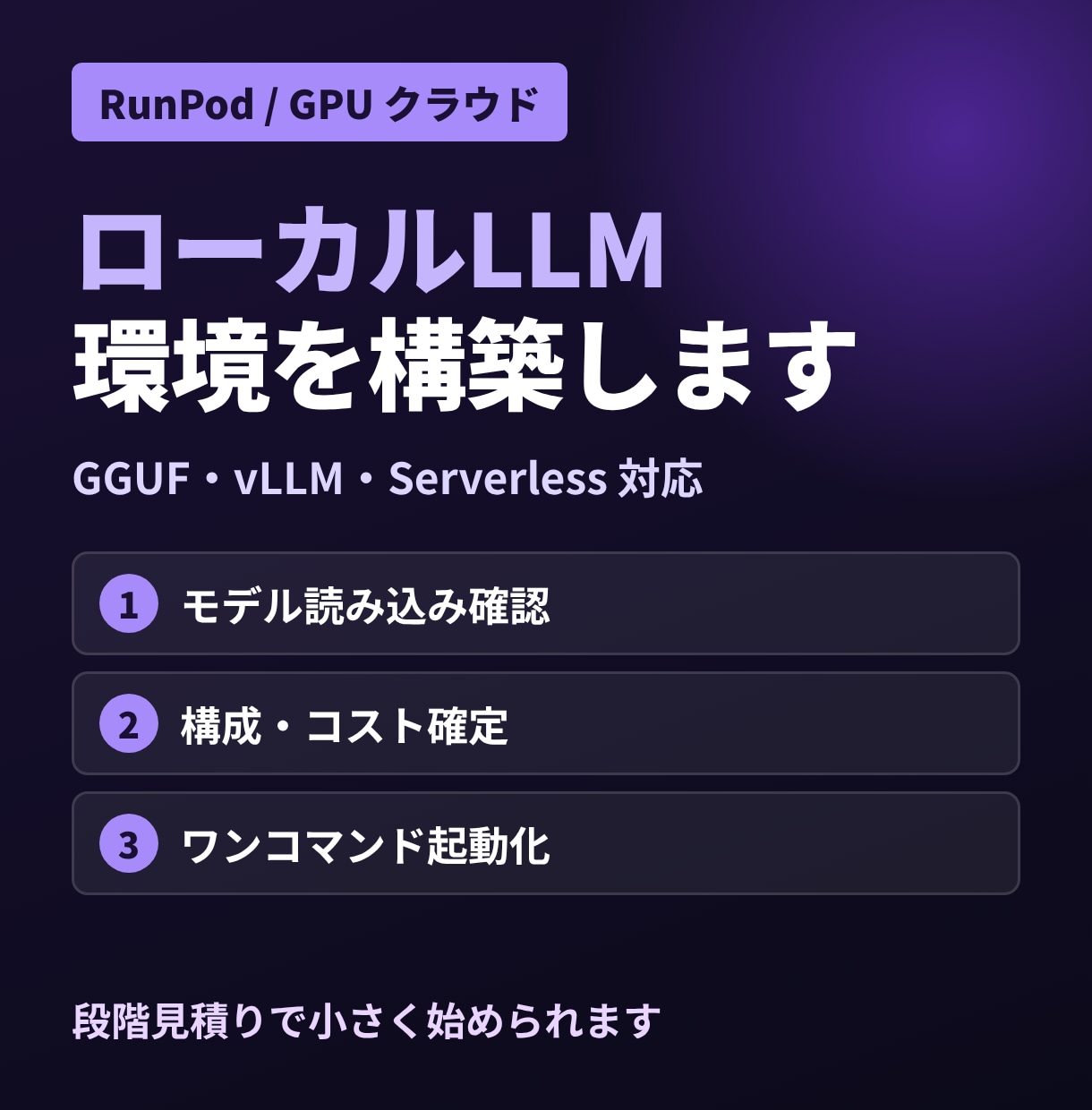 RunPodでローカルLLMを構築・検証します GGUF・Serverless対応｜段階見積りで安心 イメージ1