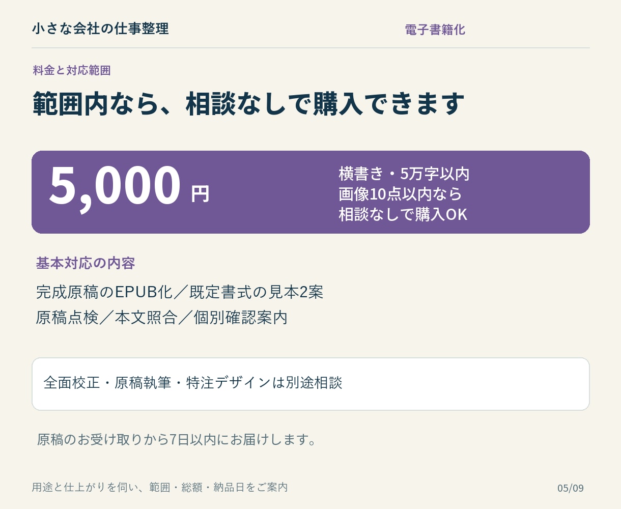 見本を選んで完成原稿を電子書籍に整えます 3つのテイスト。横書き5万字まで相談なしで購入OK イメージ5