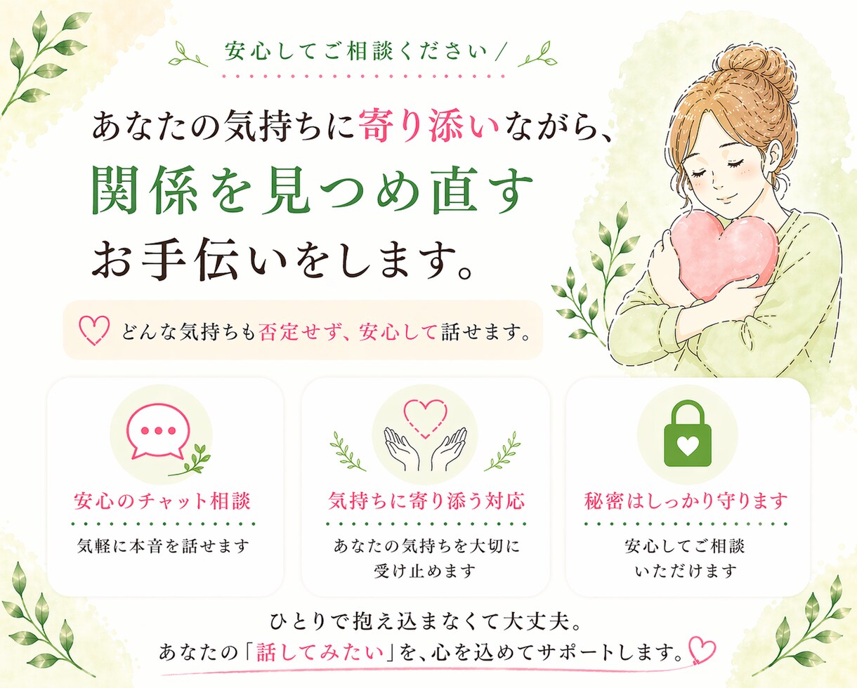 病気の家族を支える方へ／気持ちを一緒に整理します “支える人”を支える、じっくり向き合うチャット相談5往復☘️ イメージ5