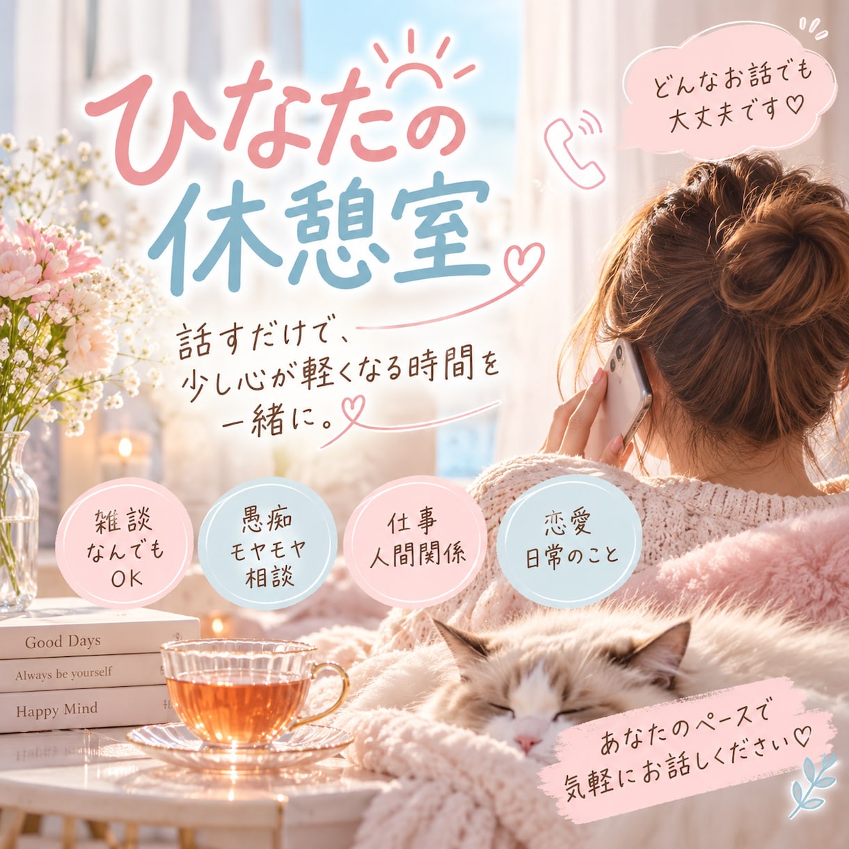 誰かに話したい気持ちをゆっくり聞きます 話すだけで、少し心が軽くなる時間を一緒に。 イメージ1