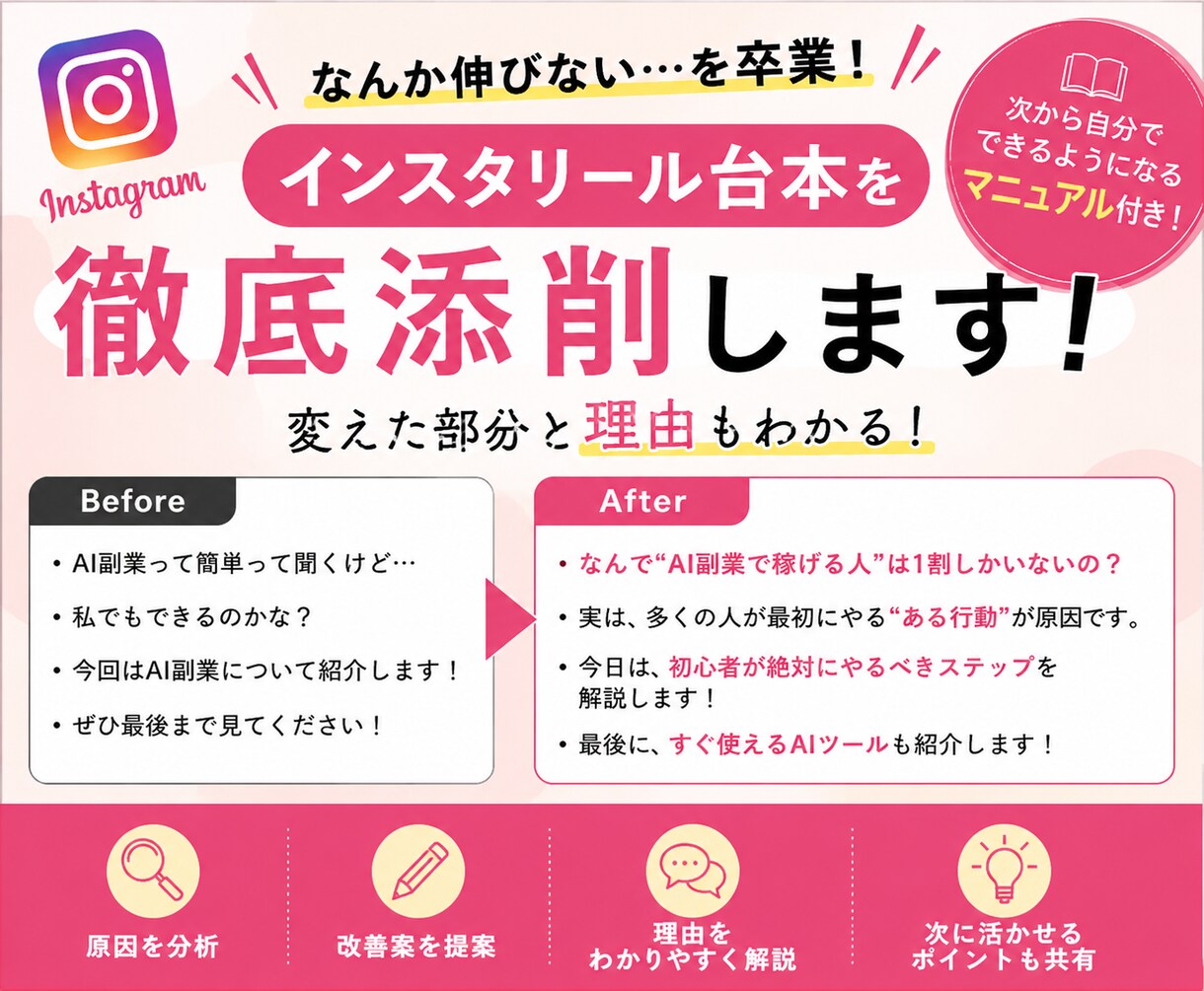 インスタの平均視聴時間を底上げする台本に添削します 再生されない原因、台本から改善します イメージ1