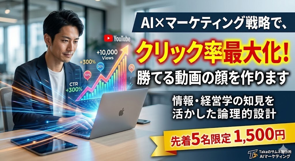 AIマーケ視点でクリック率を上げるサムネ制作します 最新AIと3年のマーケ経験を活かし、伸びる動画の顔を作ります イメージ1
