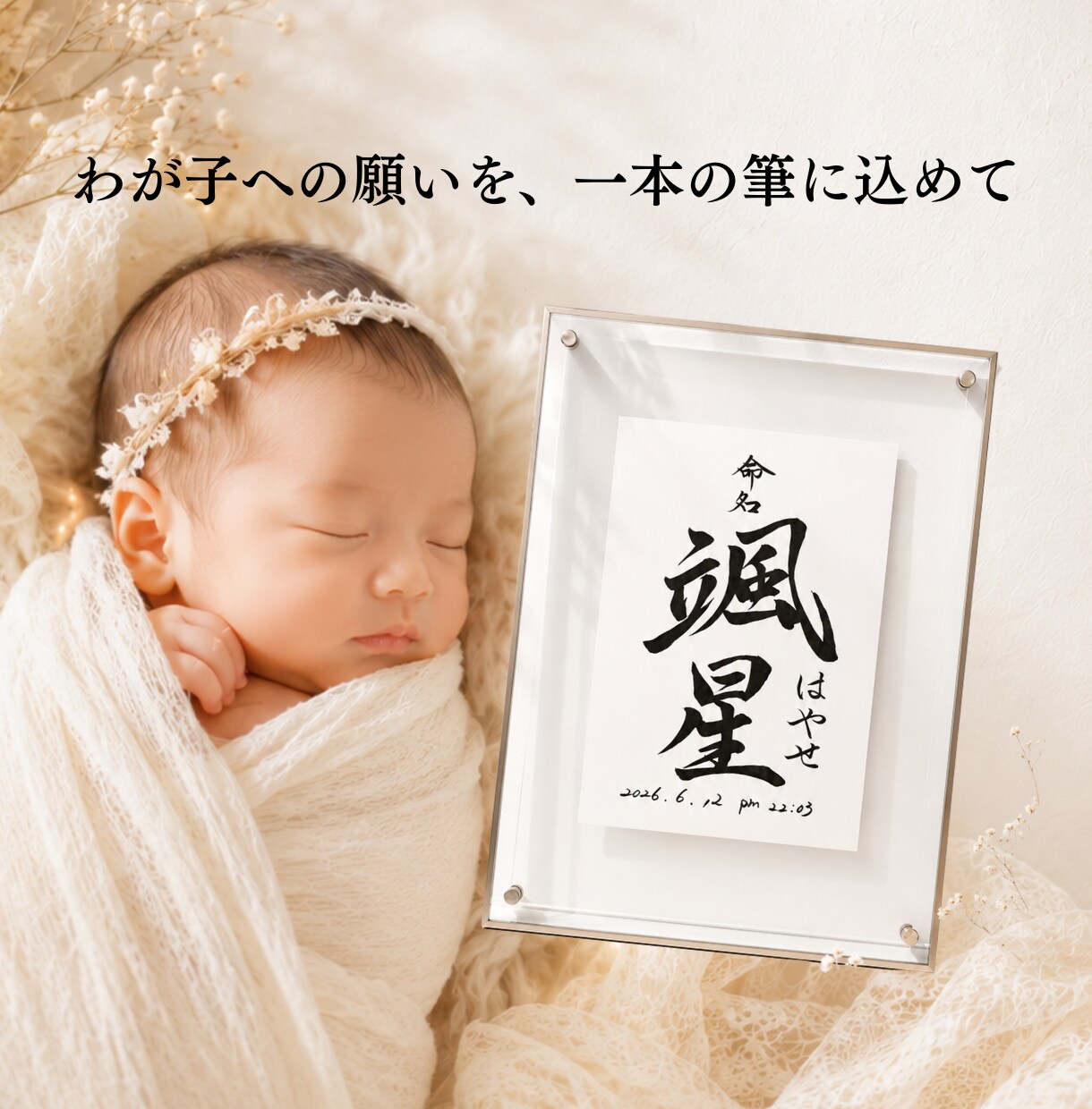 わが子への願いをカタチにする毛筆命名書制作します 【額縁あり】贈り物｜出産記念｜お七夜｜インテリアとしても◎ イメージ1