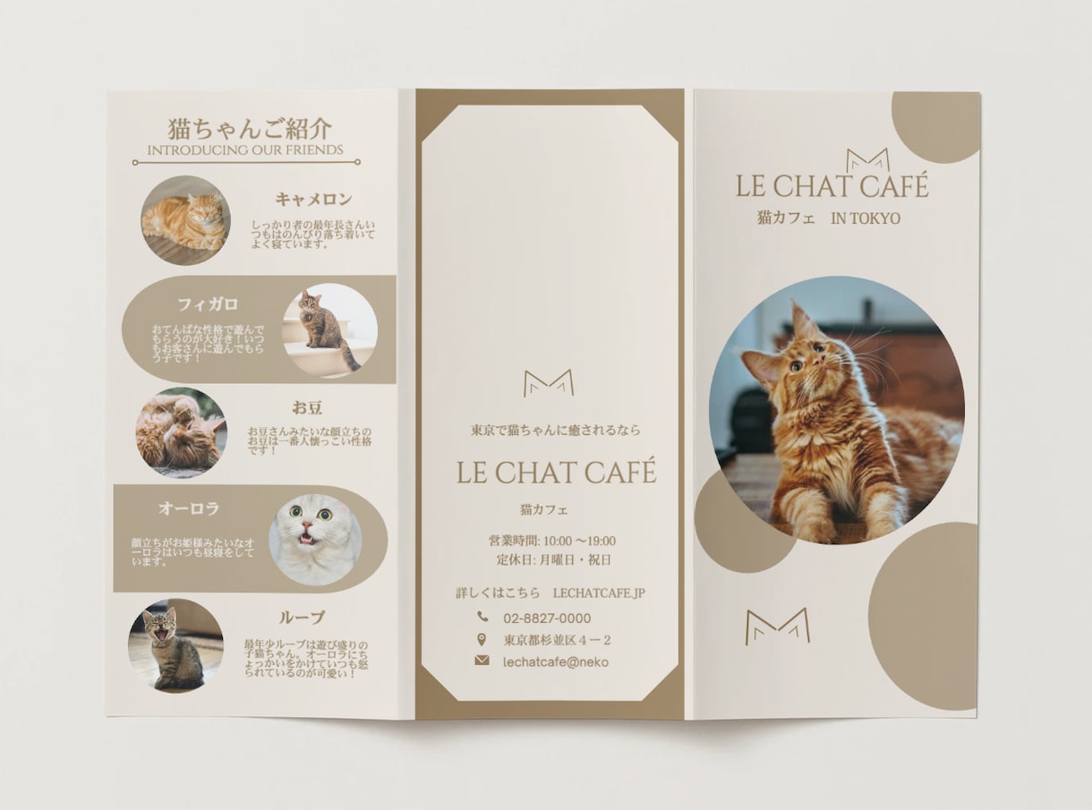 おしゃれな３つ折りパンフレット・チラシを作ります 海外風で洗練された三つ折りパンフレット・チラシデザイン｜ イメージ1