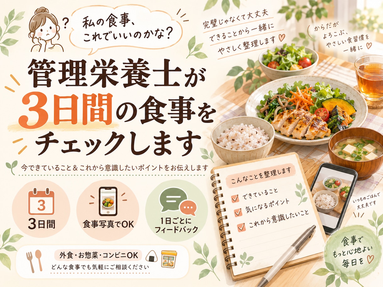 管理栄養士が3日間の食事を分析・アドバイスします 今できていること＆これから意識したいポイントをお伝えします イメージ1