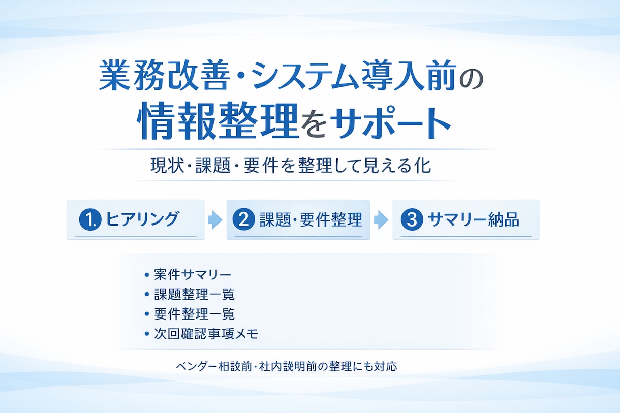 業務改善やシステム導入前の情報整理をします 現状・課題・要件を整理して見える化します イメージ1